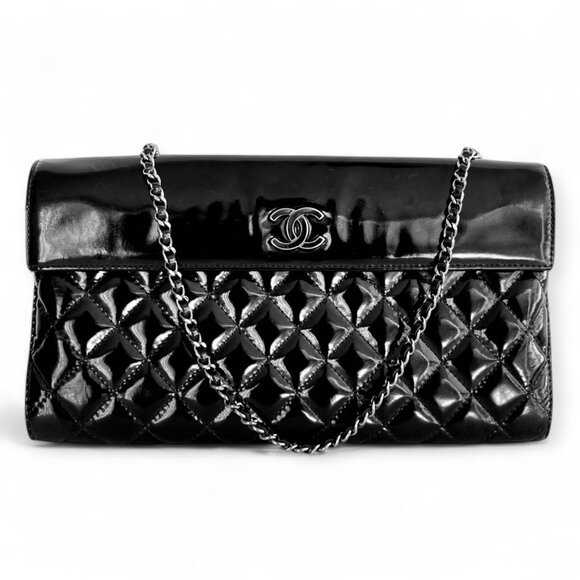 CHANEL Black Patent Leather Quilted Chain Wallet Bag Shoulder Clutch WOC - Picture 2 of 16